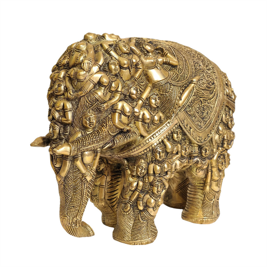 ब्रासौरा® जटिल नक्काशीदार पीतल की हाथी की मूर्ति | शुद्ध पीतल | ऊंचाई 11 इंच और वज़न 17 किलोग्राम