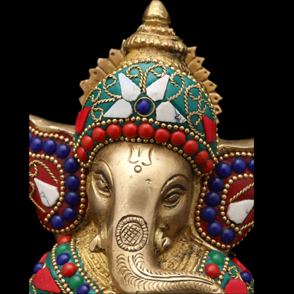 Brassaura™ Brass Ganesha Statue with Inlay Work | Height 6 Inches & Weight 1.63 kgs