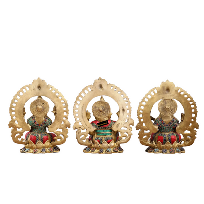 Brass Gem Stone Work Laxmi Ganesha Saraswati Murti for Home and Decor Height 9.5 Inches & Weight 10.2 Kgs