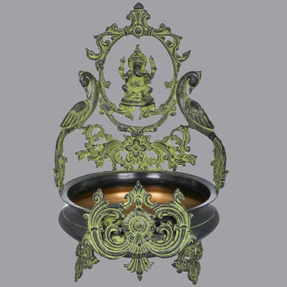 Brassaura® Ganesha Urli with Twin Peacocks in Brass | Height 20 Inches | Weight 8.90 kgs