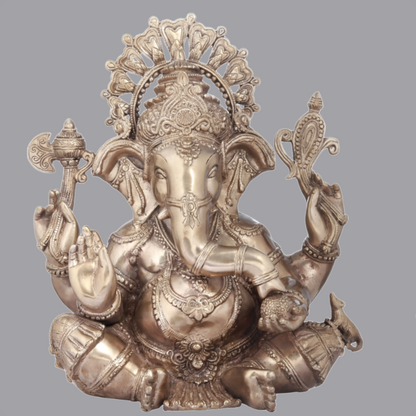 Brassaura™ 16 Inches Chaturbhuja Seated Ganesha Granting Abhaya | Brass Statue | Height 16 Inches & Weight 16.60 kgs