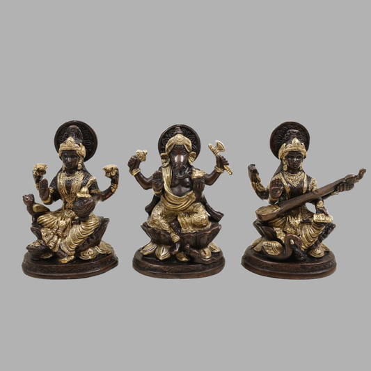 Brassaura™ Brass Ganesha Laxmi Saraswati (GLS) Set | Pure Brass with Fine Detailing | Height 6 Inches & Weight 2.49 Kgs