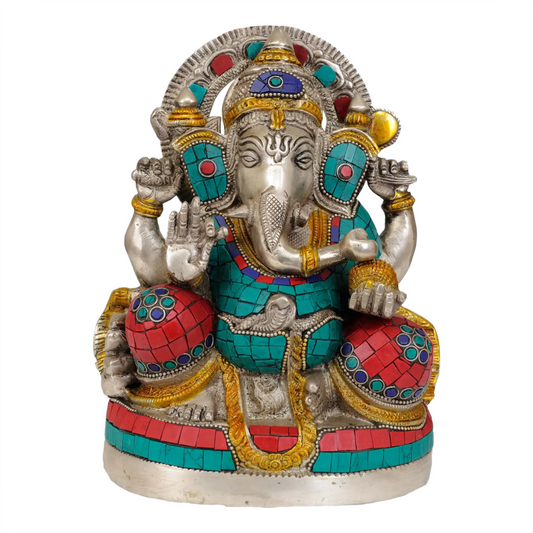Brassaura™ Brass Ganesha Statue with Inlay | Height 9.5 Inches & Weight 3.85 kgs