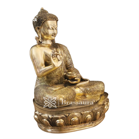 Brassaura® Brass Blessing Buddha with Akshaya Patra – Pure Superfine Brass Handcrafted Murti | Brass Statue for Home Temple, Pooja Room | Height 21 Inches | Weight 22.78 Kgs