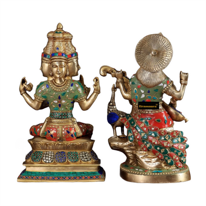 Brassaura™ Brass Gem Stone Work Saraswati & Lord Brahma For Puja Room Height 15 Inches & Weight 20 Kgs