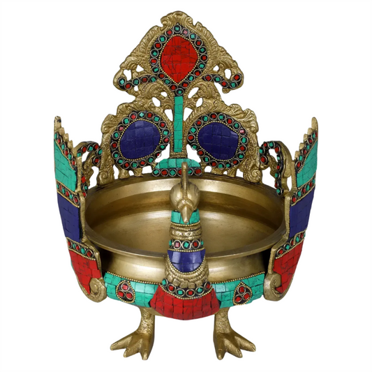 Brassaura® Peacock Brass Urli with Multicolor Inlay Work | Pure Brass | Height 10 Inches & Weight 5.20 kgs