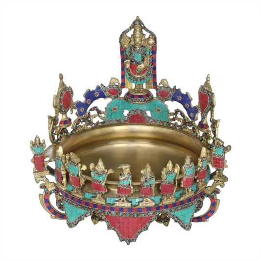 Brassaura® Balaji Brass Urli with Multicolor Inlay Work | Pure Brass | Height 17 Inches & Weight 14 kgs