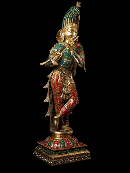 Brassaura® Brass Krishna Statue with Inlay Work | Height 91.5 cm & Weight 23.50 kg