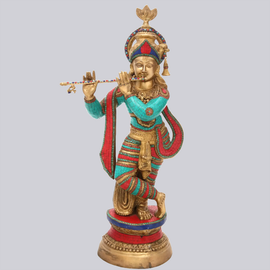 Brassaura® Brass Krishna Statue with Stonework | Height 36.02 Inches & Weight 22.80 kg