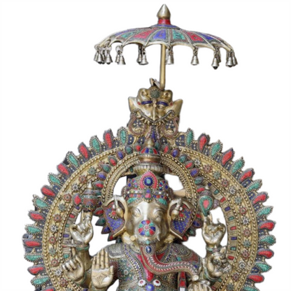 Handcrafted brass statue  Raja Ganapati, seated on a throne with umbrella 66 Inches