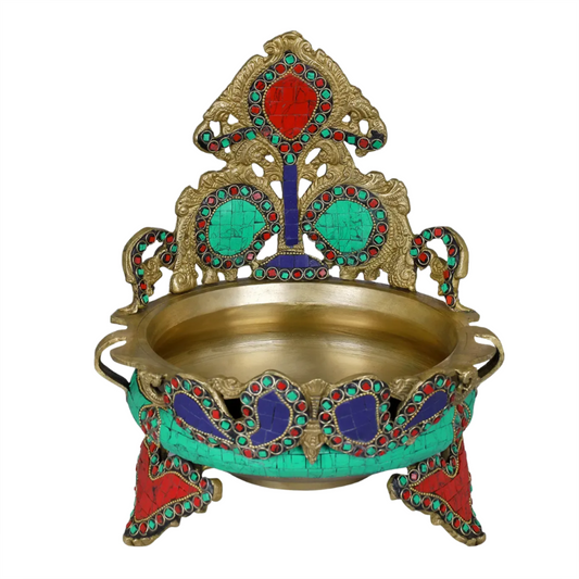 Brassaura® Designer Brass Urli with Multicolor Inlay Work | Pure Brass | Height 10 Inches & Weight 2.70 kgs