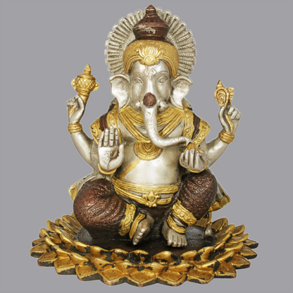 Brassaura® Lord Ganesha Seated on Blooming Lotus | Brass Statue | Height 8 Inches | Weight 3.7 kgs
