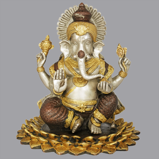 Brassaura® Lord Ganesha Seated on Blooming Lotus | Brass Statue | Height 8 Inches | Weight 3.7 kgs