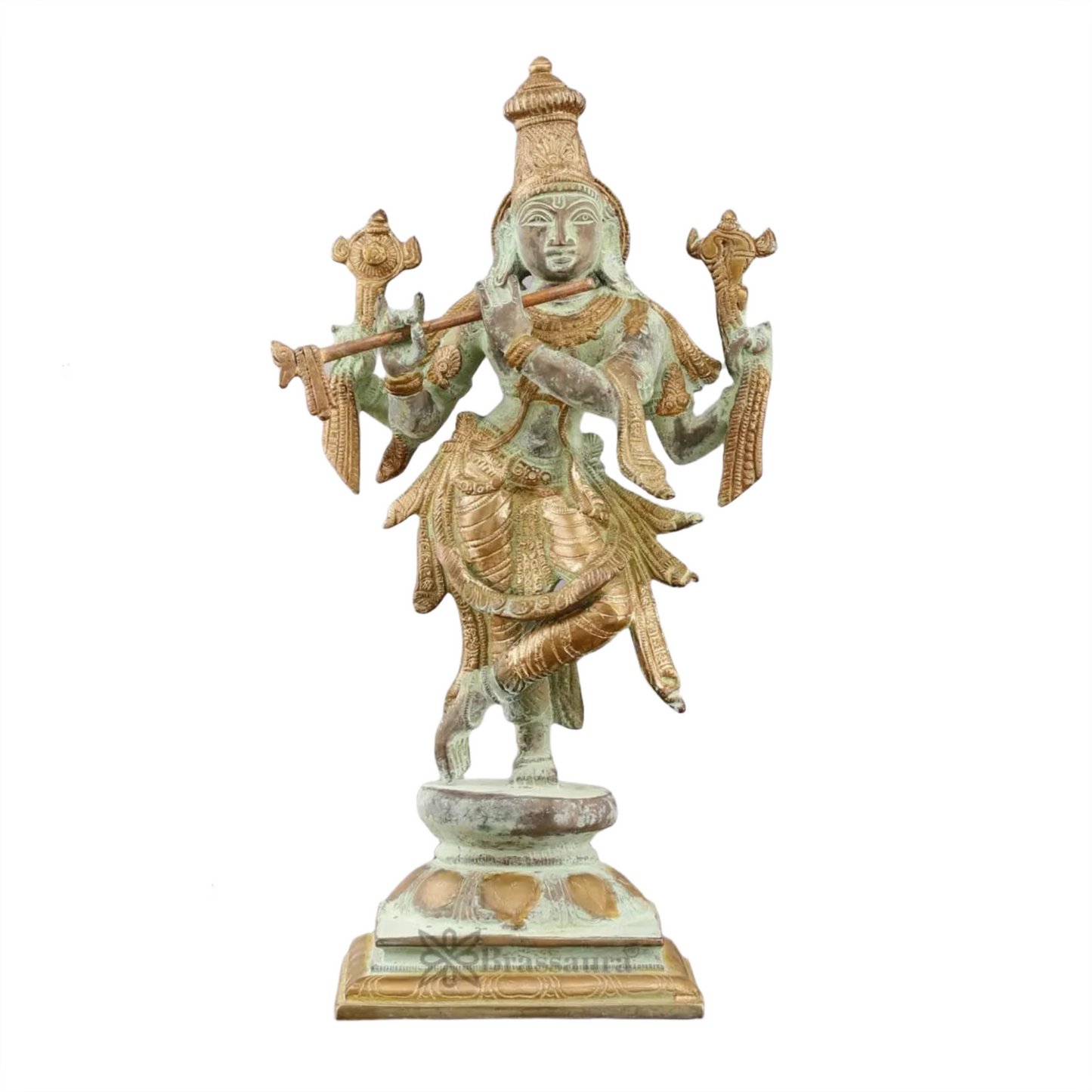 BrassAura™ Brass Krishna Roopam Vishnu Sculpture – Sand Blast Finish | Height 12 Inch | Weight 3.9 Kg