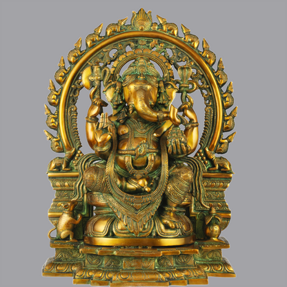 Brassaura™ Ganesha on Lotus Throne with Ornate Aureole | Height 19 Inches | Weight 17.50 kgs