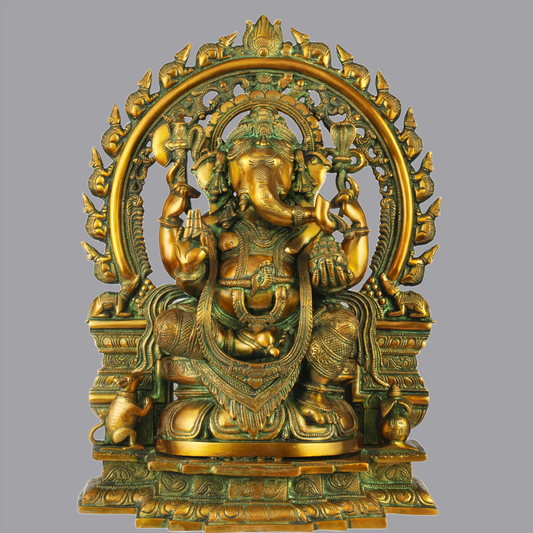 Brassaura™ Ganesha on Lotus Throne with Ornate Aureole | Height 19 Inches | Weight 17.50 kgs