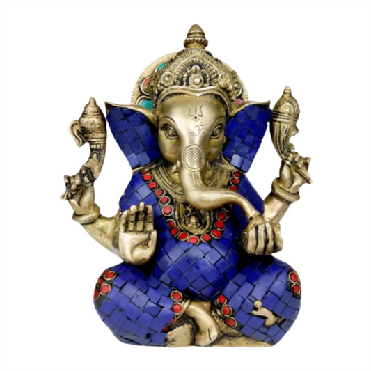 Brassaura™ Lord Ganesha Seated Idol | Brass with Inlay Work | Height 8.07 Inches & Weight 3.10 kgs