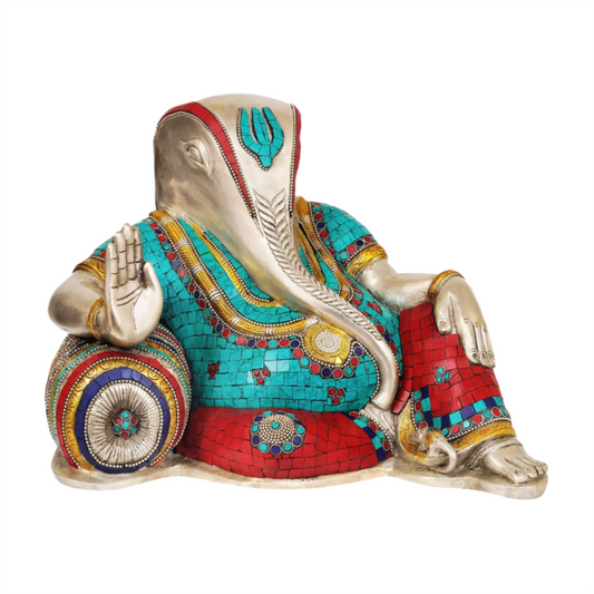 Brassaura™ Resting Ganesha with Inlay Work | Brass Statue with Stone Detailing | Height 12 Inches & Weight 8.16 kgs