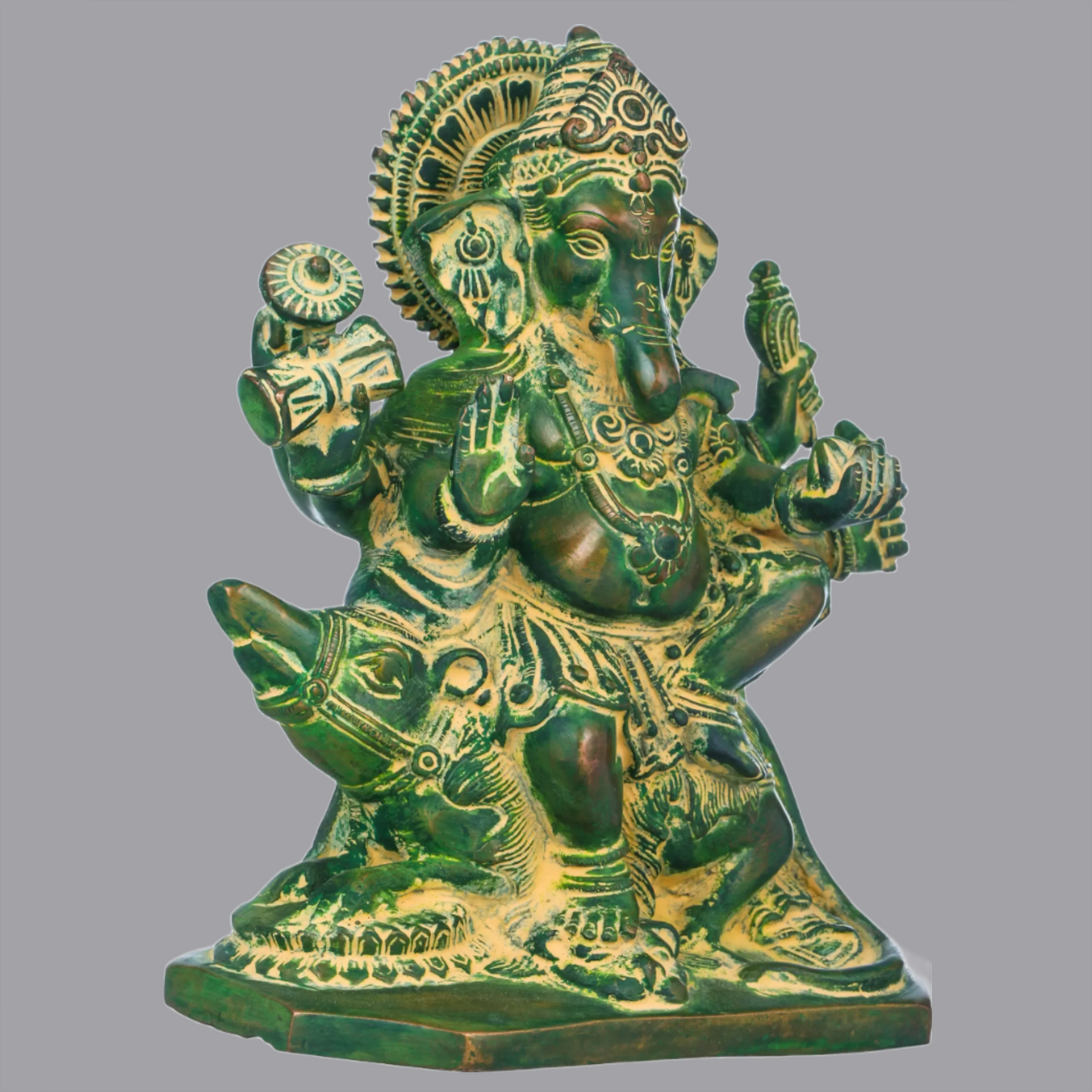 Brassaura® Six-Armed Ganesha Idol Seated on Mushak Raj Base in Brass | Height 8 Inches | Weight 2.60 kgs