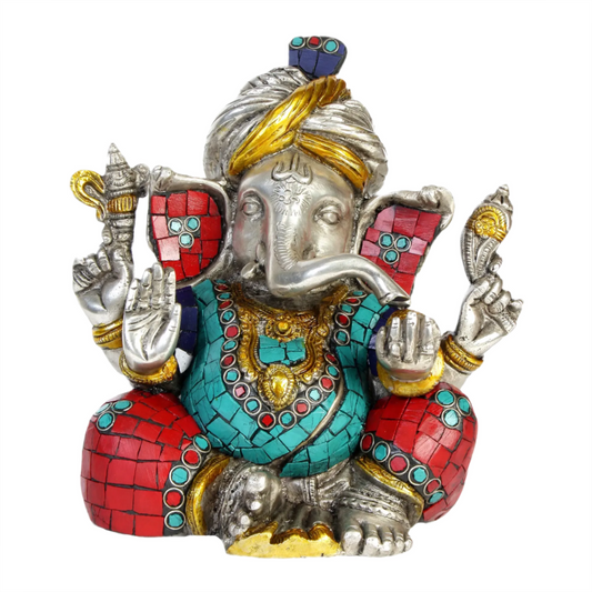 Brassaura® Lord Ganesha with Intricate Inlay Work | Brass Statue | Height 8.46 Inches & Weight 3.61 kgs