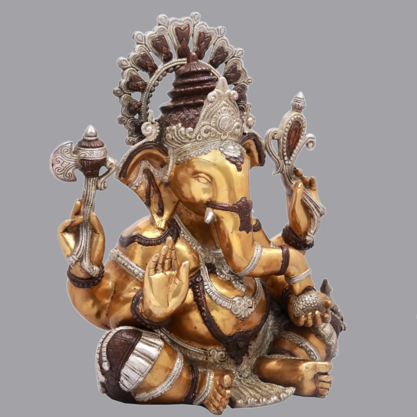 Brassaura™ 16 Inches Chaturbhuja Seated Ganesha Granting Abhaya | Brass Statue | Height 16 Inches & Weight 16.60 kgs