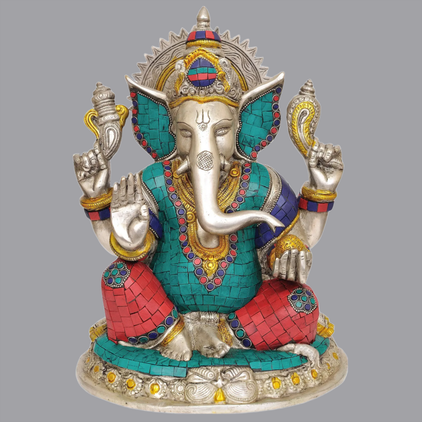 Brassaura® Four Armed Ganesha with Inlay Work | Height 12 Inches & Weight 8.10 kgs