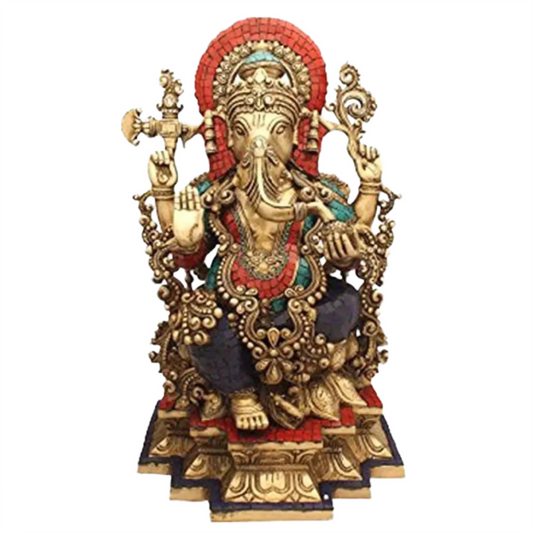 Brassaura™ Bhagawan Ganapati Seated on Ornate Throne | Pure Brass with Inlay Accents | Height 5.5 Inches & Weight 1.90 kgs