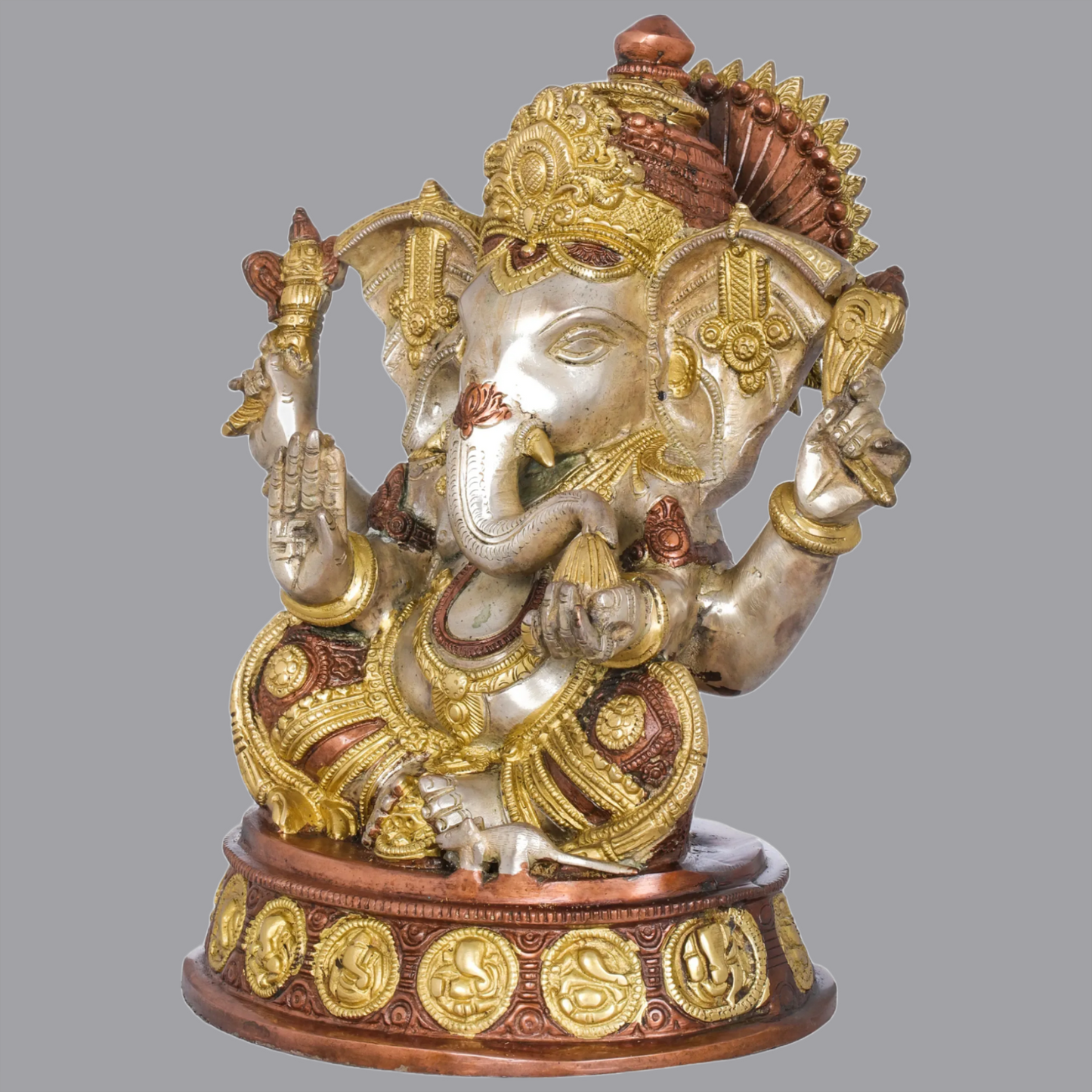 Brassaura® Ashirwad Ganesha Seated on Ashtaganesha Chowki in Brass | Height 11 Inches | Weight 6.50 kgs