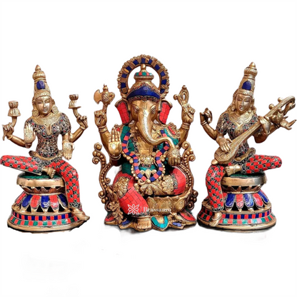 Brass Gem Stone Work Laxmi Ganesha Saraswati Murti for Home and Decor Height 12 Inches & Weight 20 Kgs