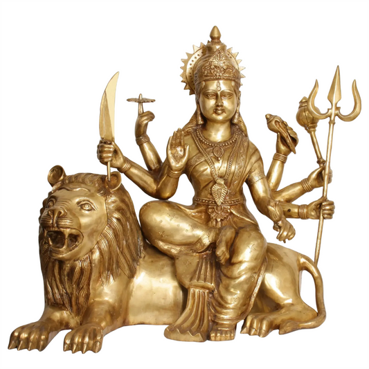 Brassaura® Maa Durga Seated on Lion | Pure Brass Sculpture | Height 33 Inches & Weight 67 kgs