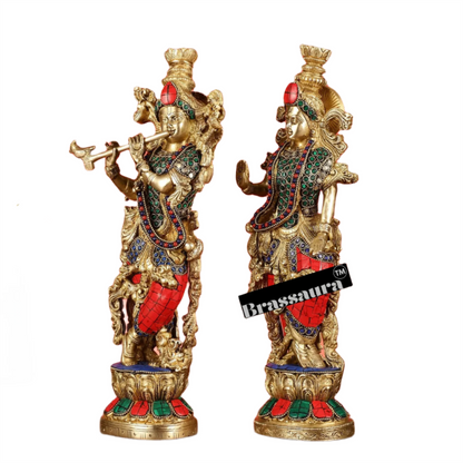 Brassaura™ Handcrafted Brass Radha Krishna Statue with Natural Stones – Height 14 Inches & Weight 8.5 Kgs | Elegant Devotional Idol