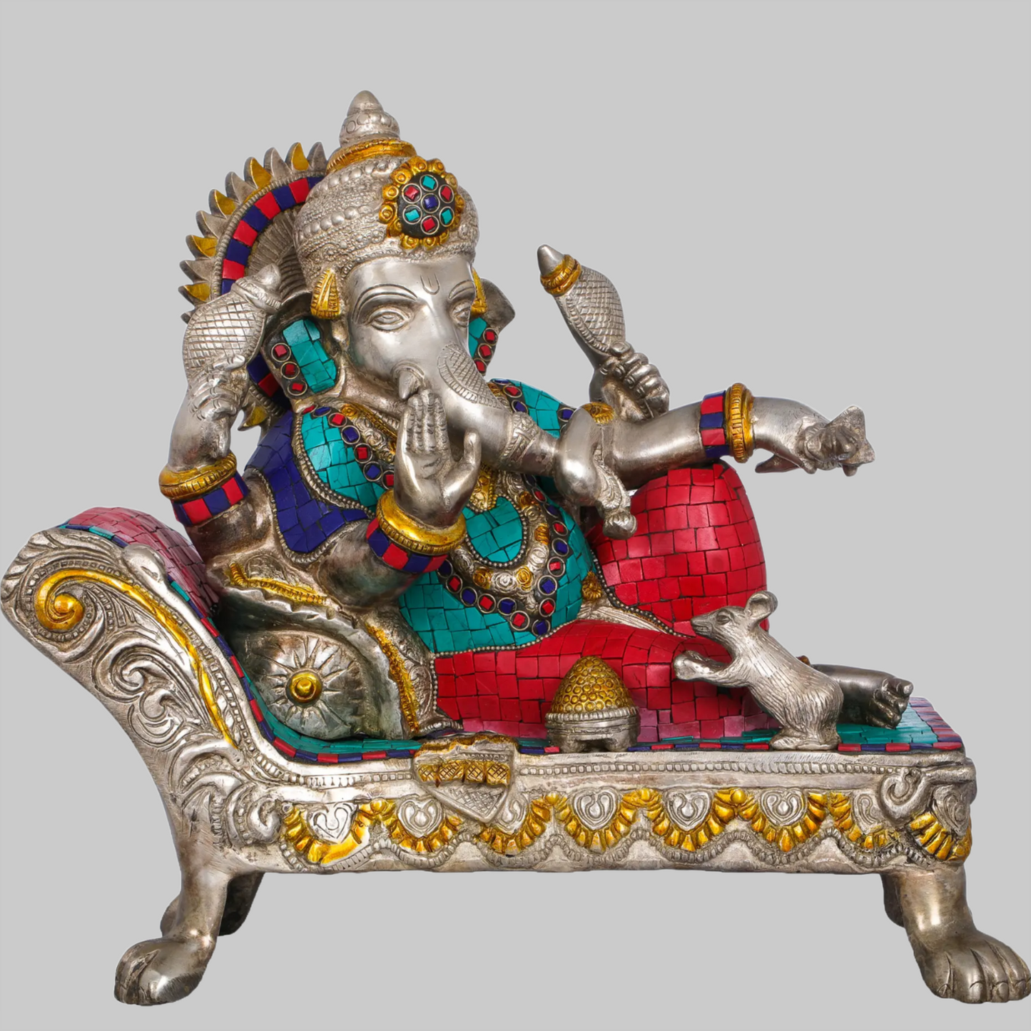 Brassaura™ Brass Ganesha Statue with Inlay Work | Height 13 Inches & Weight 12.80 kgs
