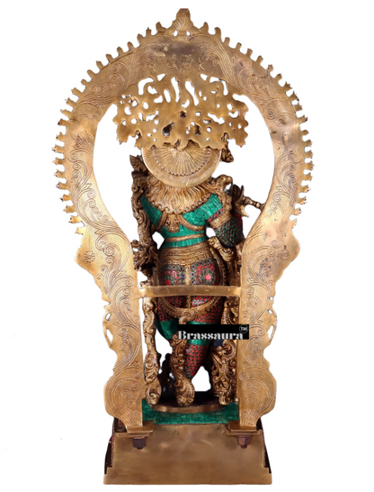 BrassAura™ Pure Superfine Brass Krishna Statue with Large Prabhavali Frame – Intricate Stonework | Height 33 Inch | Weight 35 Kg