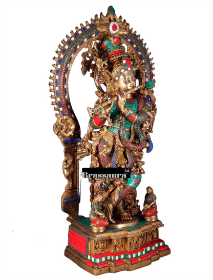 BrassAura™ Pure Superfine Brass Krishna Statue with Large Prabhavali Frame – Intricate Stonework | Height 33 Inch | Weight 35 Kg