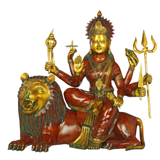 Brassaura® Maa Durga Seated on Lion | Pure Brass Sculpture | Height 33 Inches & Weight 67 kgs