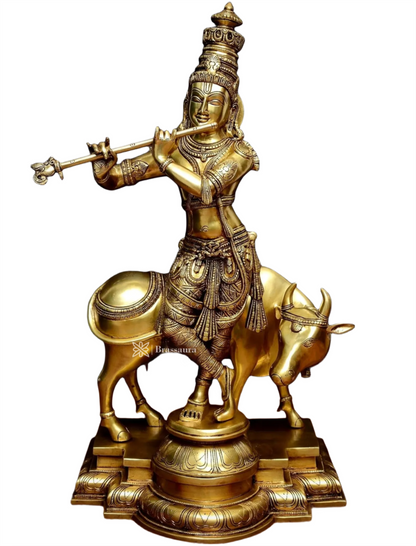 Brassaura™ Superfine Brass Krishna with Cow – Height 27 Inches & Weight 26 Kgs