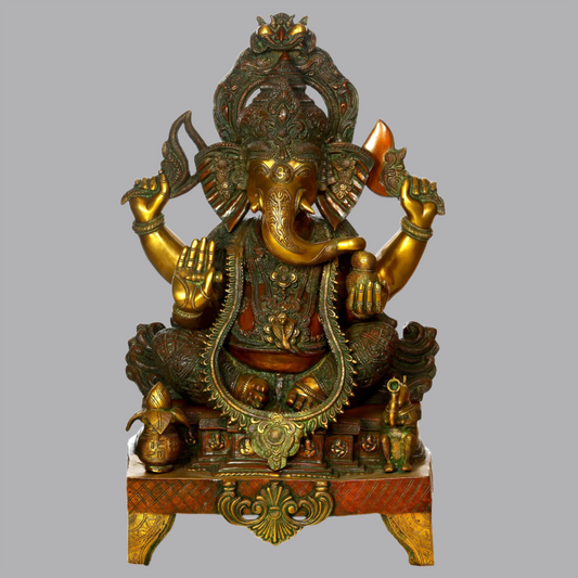 Brassaura® Large Lord Ganesha on Ornate Chowki | Dual Tone Brass Sculpture | Height 33.07 Inches & Weight 55 kgs