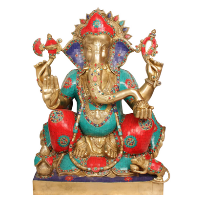 Brassaura™ Large Size Blessing Ganesha | Brass with Intricate Inlay Work | Height 31 Inches & Weight 77.60 kgs