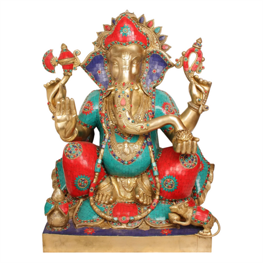 Brassaura™ Large Size Blessing Ganesha | Brass with Intricate Inlay Work | Height 31 Inches & Weight 77.60 kgs