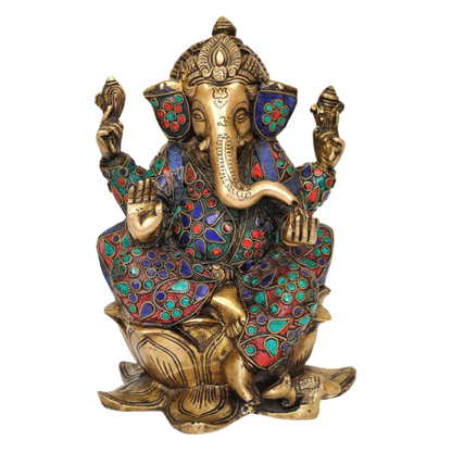 Brassaura™ Seated Ganesha on Lotus Base with Meenakari Inlay | Brass Sculpture | Height 9 Inches & Weight 4 kgs