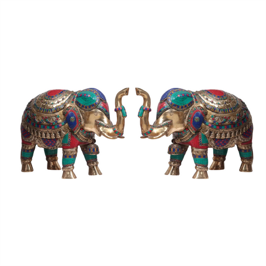 Brassaura® Pair of Decorative Elephant Brass Statues with Inlay Work | Pure Brass | Height 14 Inches & Weight 32.20 kgs