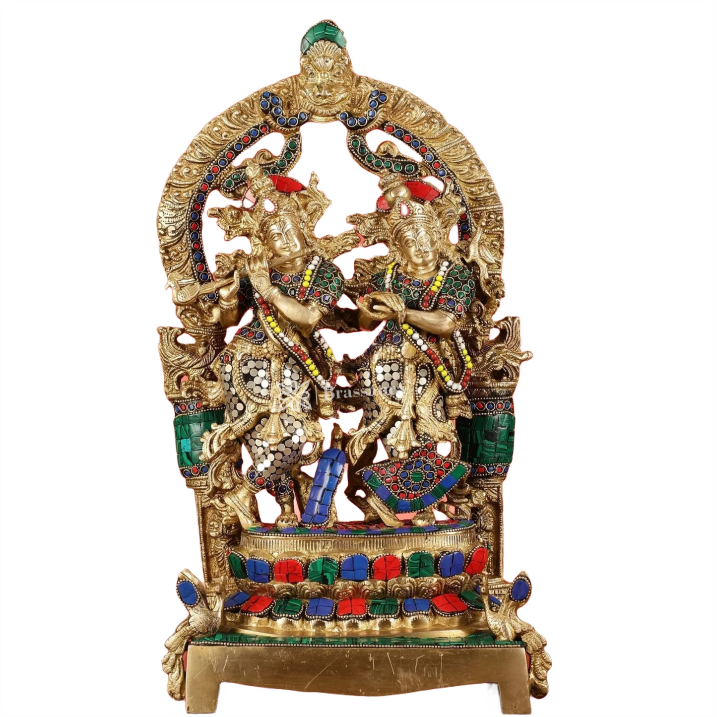Brassaura™ Brass Radha Krishna Idol Pair with Peacocks & Prabhavali – Height 17.5 Inches & Weight 10 Kgs | Divine Devotional Statue