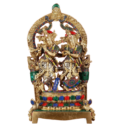 Brassaura™ Brass Radha Krishna Idol Pair with Peacocks & Prabhavali – Height 17.5 Inches & Weight 10 Kgs | Divine Devotional Statue