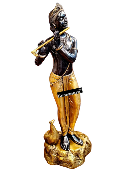 Brassaura™ Krishna Murlidhar Brass Idol – Height 29 Inches & Weight 18 Kgs | Black & Gold Finish