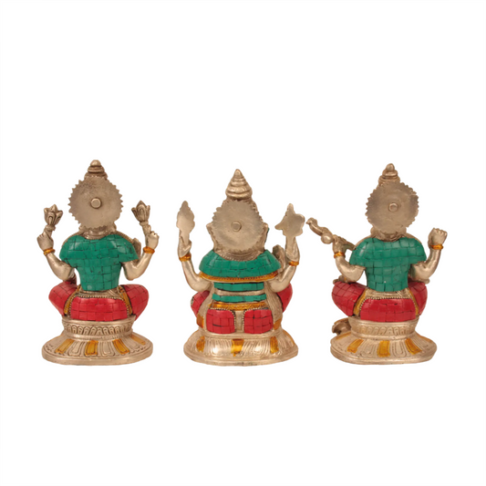 Brassaura® Lakshmi Ganesha Saraswati Set | Brass Statue with Inlay | Height 6.5 Inches (Each)