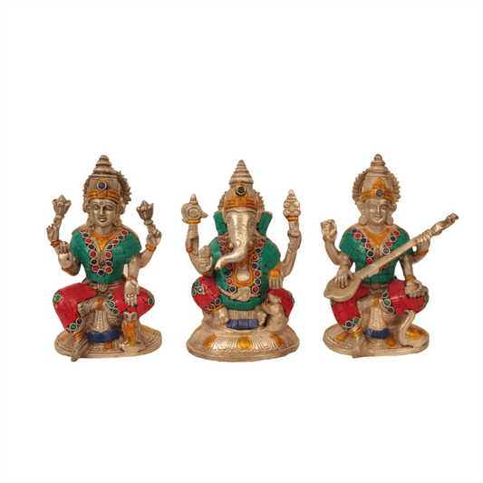 Brassaura® Lakshmi Ganesha Saraswati Set | Brass Statue with Inlay | Height 6.5 Inches (Each)