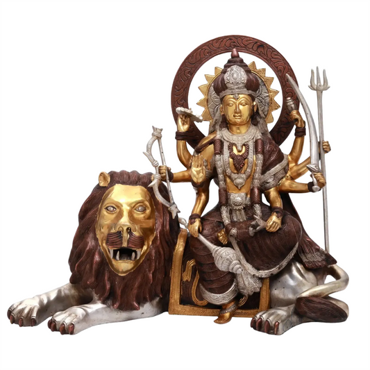 Brassaura® 骑狮杜尔迦女神像 | 纯黄铜双色饰面 | 高16.5英寸，重18.50公斤