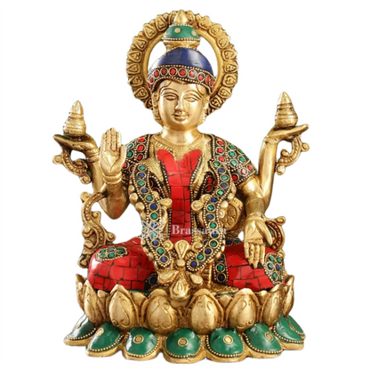 Brass Gem Stone Work Laxmi Mata for Home and Decor Height 10.5 Inches & Weight 4 Kgs