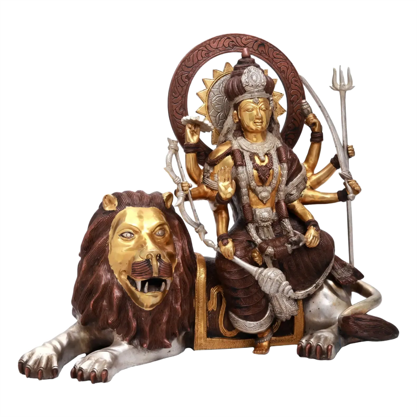 Brassaura® Maa Durga on Lion | Pure Brass with Dual Tone Finish | Height 16.5 Inches & Weight 18.50 kgs
