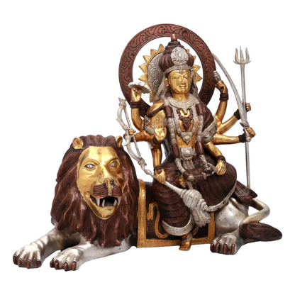 Brassaura® Maa Durga on Lion | Pure Brass with Dual Tone Finish | Height 16.5 Inches & Weight 18.50 kgs